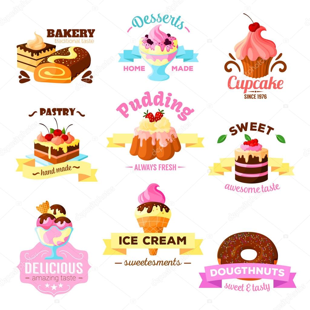 Desserts and pastry cakes icons for patisserie or sweet bakery and cafeteria menu elements. Vector isolated cupcakes, tiramisu biscuits, chocolate donut, cheesecake brownie pie and ice cream
