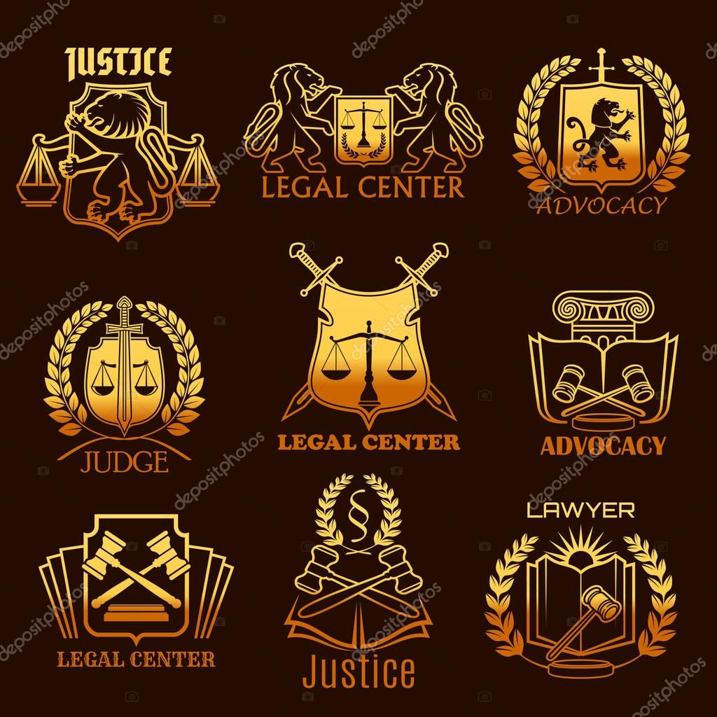 Advocacy and lawyer legal center vector icons. Isolated symbols set of justice scales, heraldic lion or swords and judge gavel, laurel wreath and law code book for advocate and counsel attorney office