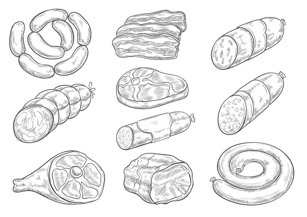 Ícones de esboço vetorial de produtos à base de carne de açougue —  Vetores de Stock