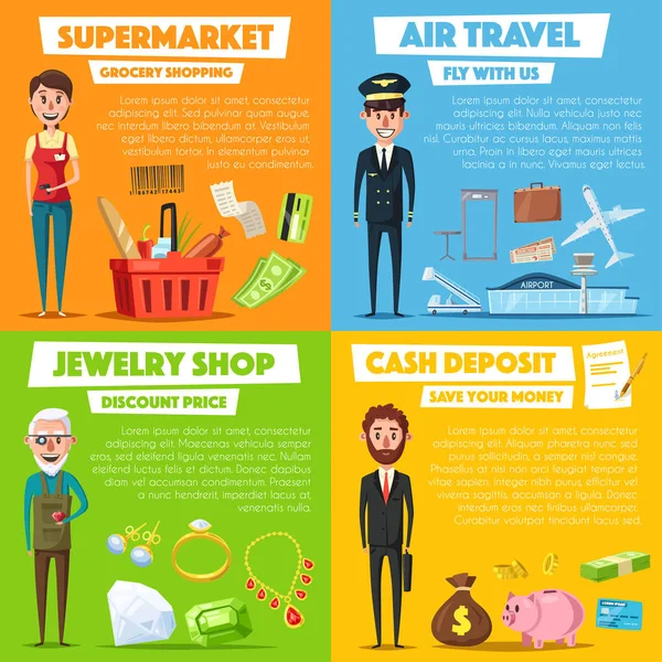 Vector posters of shopping, jewelry and air travel — Stock Vector