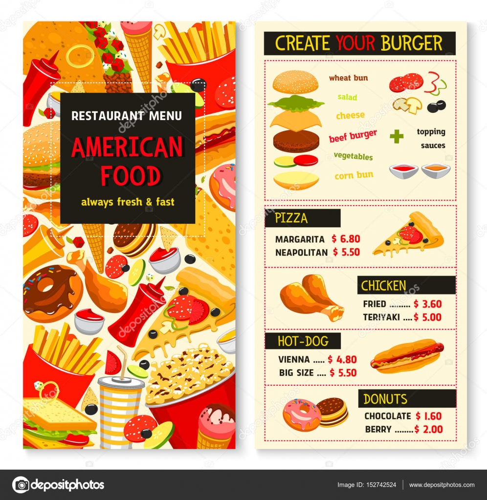Vector menu for fast food meals, snacks and drinks Stock Vector by