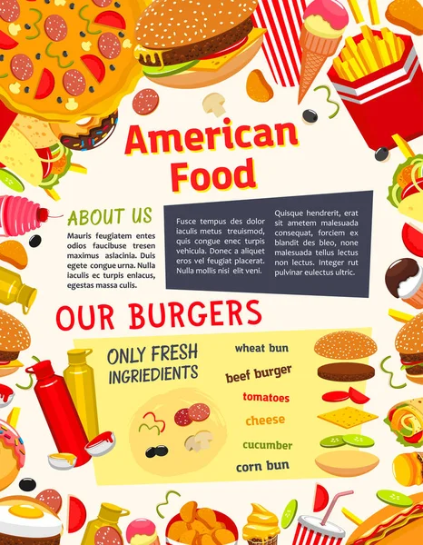 Vector fast food refeições, lanches e bebidas cartaz —  Vetores de Stock