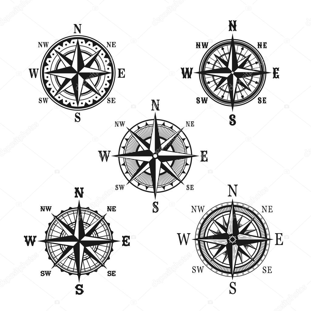 Navigation marine compass or Wind Rose vector icons. Isolated symbols set of nautical retro navigator compass with winds names of East, West, North and South arrows for ship travel design
