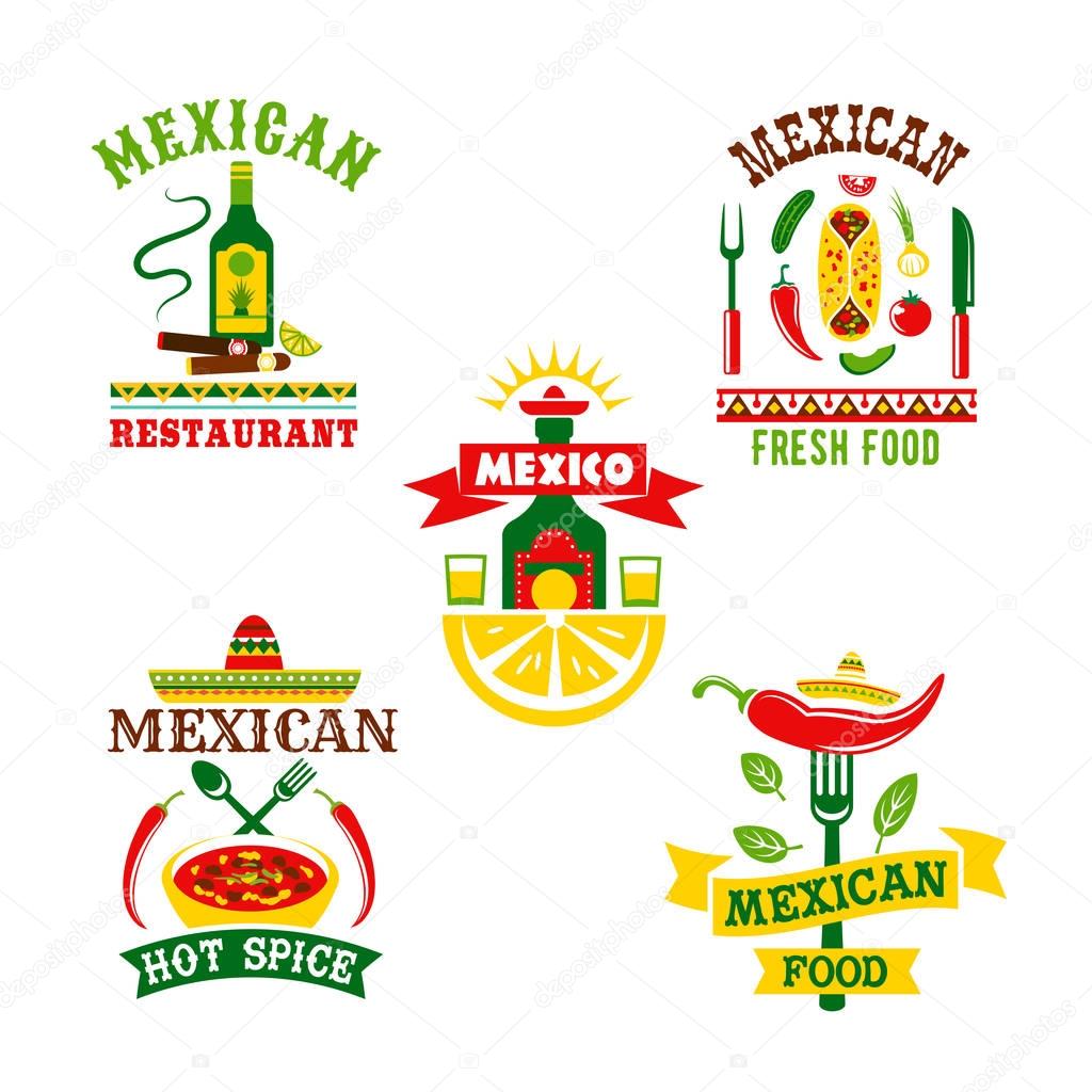 Mexican restaurant or food cafe vector icons. Symbols of spicy chili pepper jalapeno, tequila drink and lime, nachos chips with salsa sauce or soup and traditional sombrero hat for Mexico cuisine