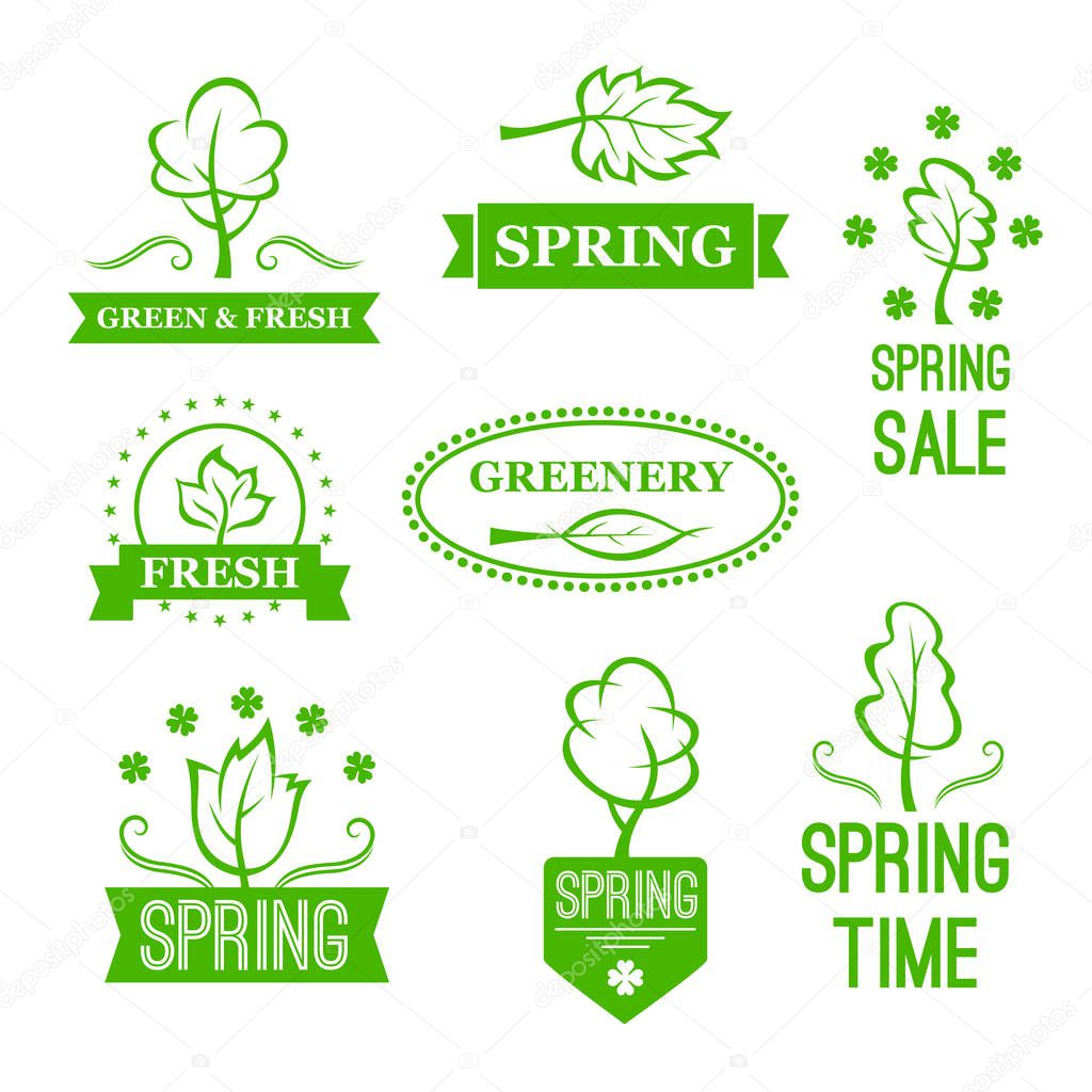 Spring Sale vector tags or discount promo offer design elements for shopping labels or icons set. Springtime flowers and blooming nature with tree and leaf symbols, isolated green ribbons and stars