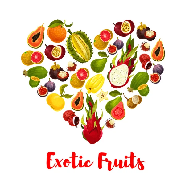 Corazón con frutas tropicales exóticas para el diseño de alimentos — Vector de stock