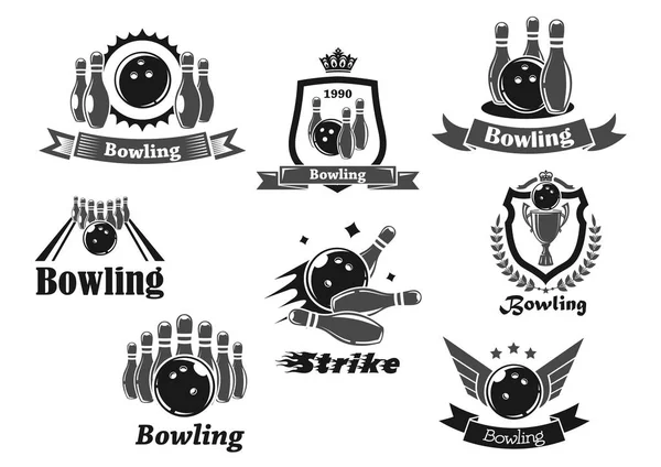 Bowling game sport club icon with ball, ninepins — Stock Vector