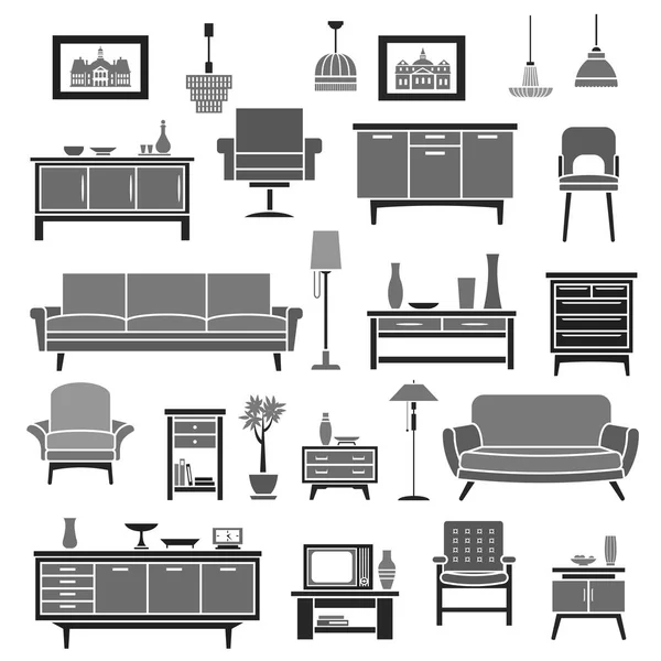 Inicio muebles interiores artículos vector iconos conjunto — Archivo Imágenes Vectoriales