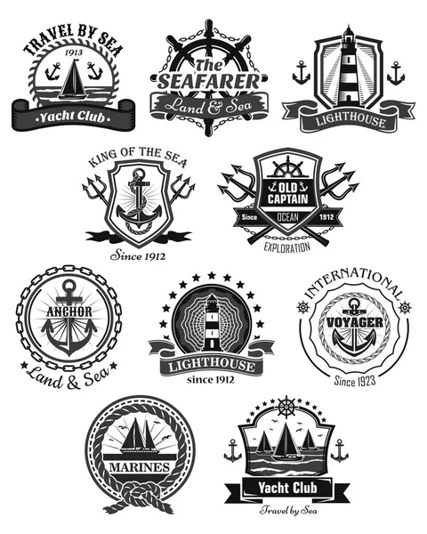 Símbolos náuticos e marinhos conjunto de ícones vetoriais — Vetor de Stock
