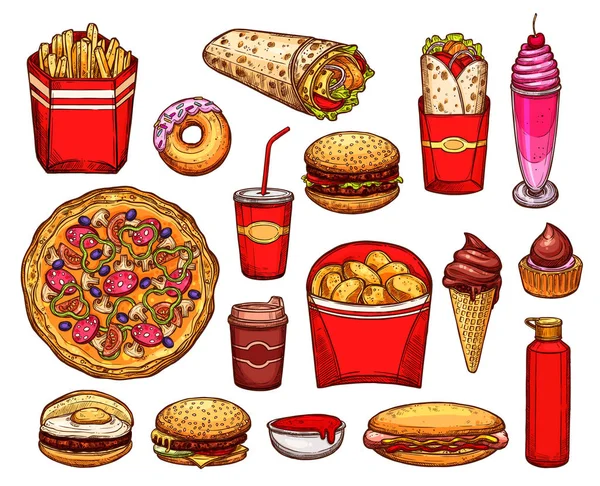 Pranzo fast food con sandwich, bevande e dessert — Vettoriale Stock
