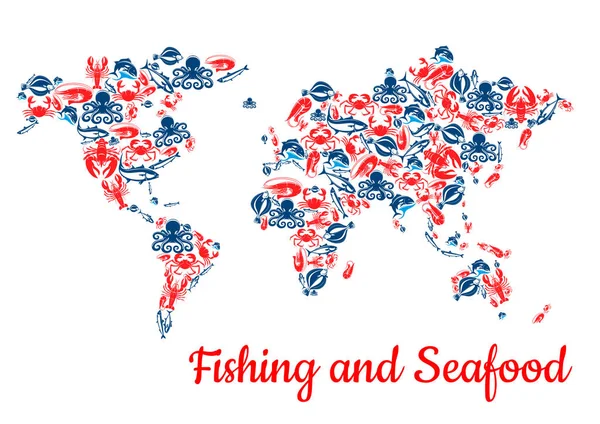 Mapa do mundo dos peixes vetor de pesca e marisco — Vetor de Stock