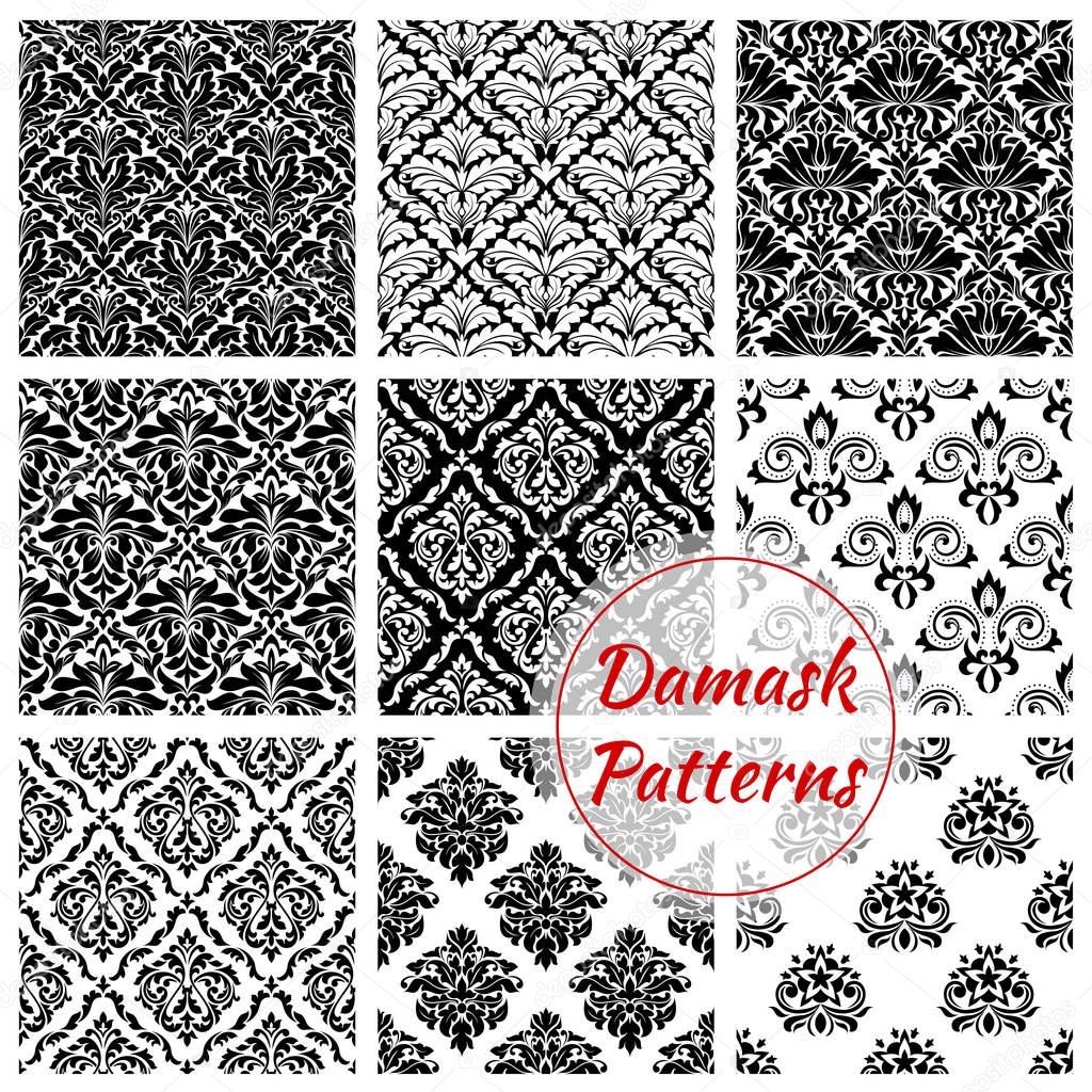 Black and white damask floral seamless pattern