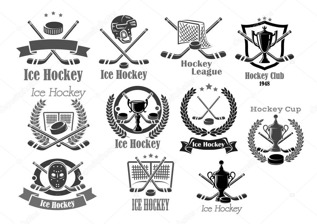 Hockey club icons set for championship tournament award. Vector puck and hockey-stick, goal keeper mask or safety helmet. Symbols of victory cup or champion winner laurel wreath with ribbon and stars