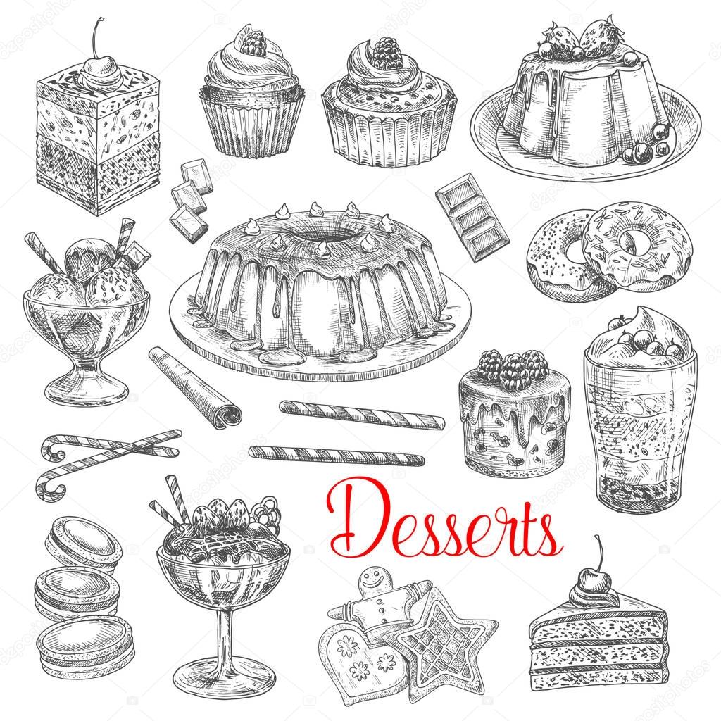 Vector sketch icons of dessert cookies and cakes