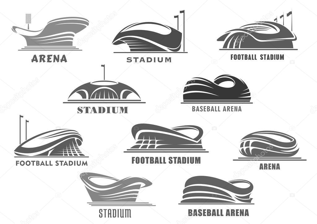 Sport stadium or arena vector isolated icons set. Futuristic or modern linear sport stadium design with lamps and flag poles. Sporting field symbols or badges of playfield for soccer or football game