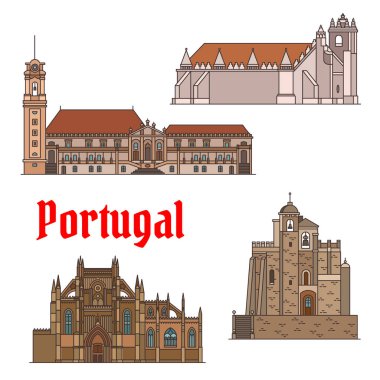 Portekizce seyahat yerler ince çizgi Icon set