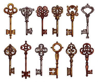 Anahtar ve vintage iskelet izole kroki