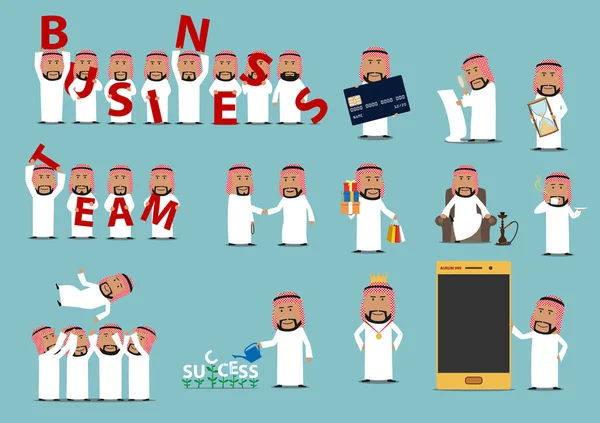 Exitoso árabe hombre de negocios de dibujos animados conjunto de personajes — Vector de stock