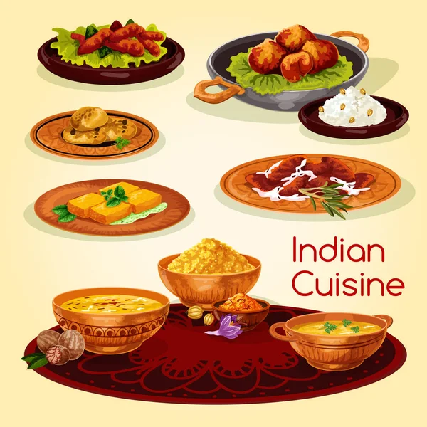 Cocina india platos de la cena diseño de menú de dibujos animados — Vector de stock