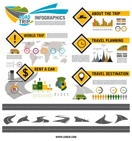道路の旅、旅行、車観光インフォ グラフィック デザイン — ストックベクタ