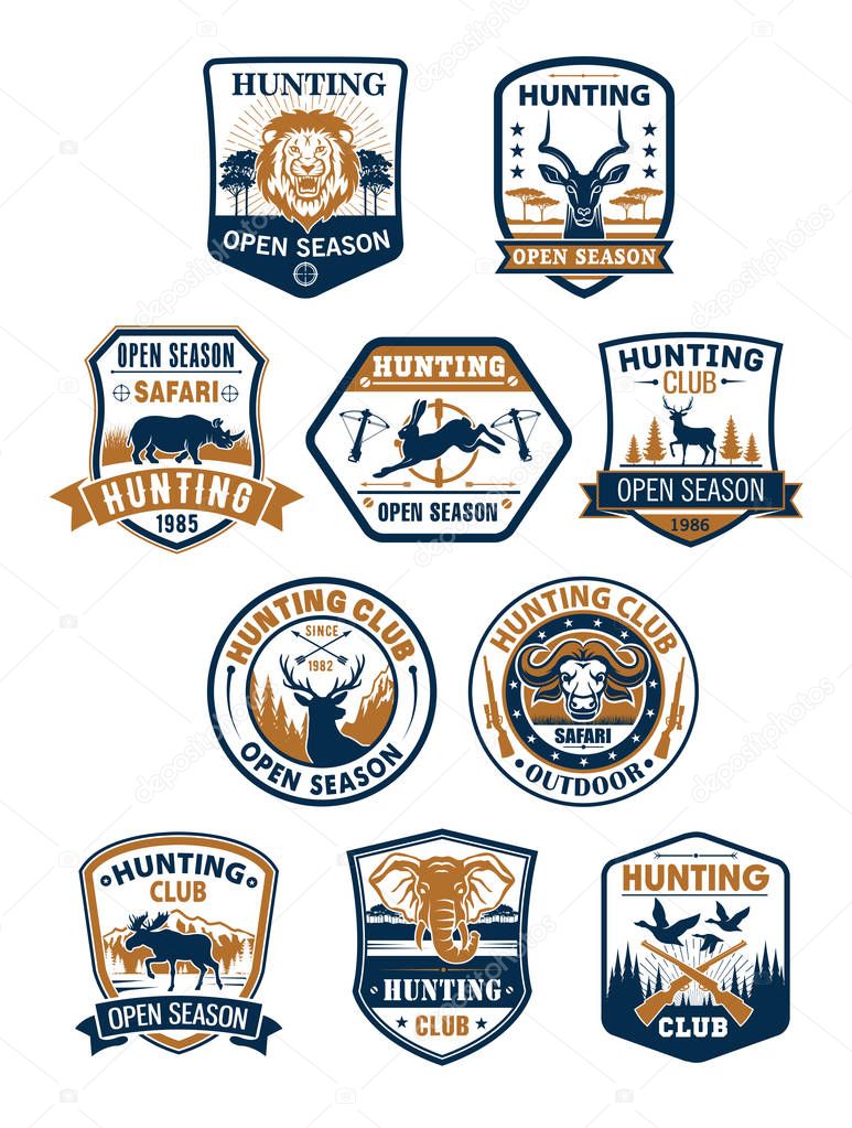 Hunting club badges, african safari, deer and duck hunting sport symbol set. Deer, duck, lion, hare, elk, bull, elephant, rhino and antelope on heraldic shield with hunter rifle, target, ribbon banner