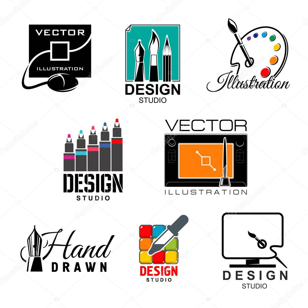 Graphic and web design studio symbol set. Graphic designer tool isolated icon with computer monitor, graphic tablet and digital pen, paint palette, paintbrush, feather pen, color palette and pipette