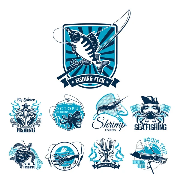 Fishing sport club badge set with fish and boat — Stock Vector