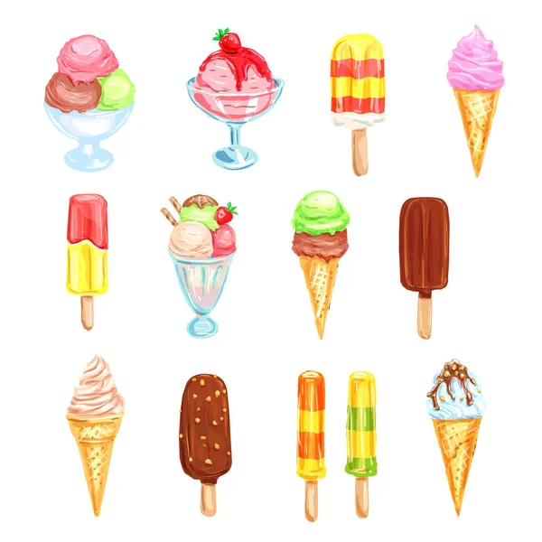 Ice cream, kall dessert mat akvarell set — Stock vektor