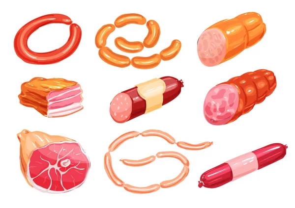 肉和香肠的水彩画集食品设计 — 图库矢量图片