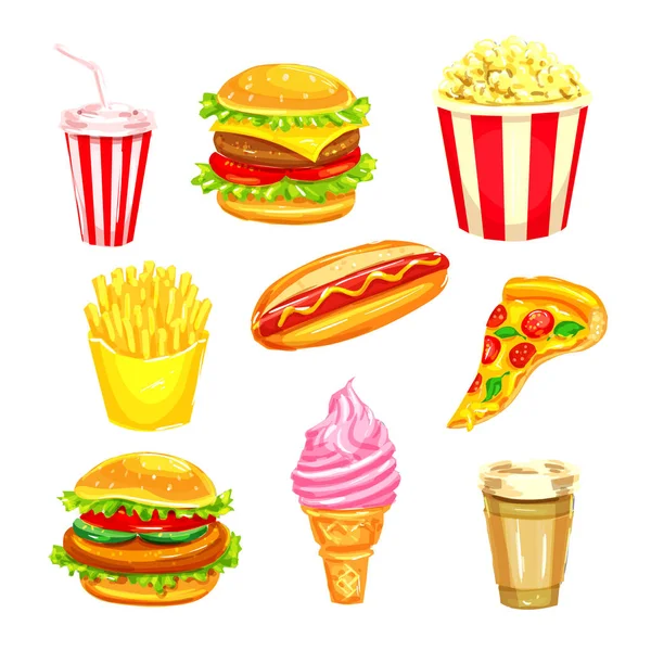 Fast Food und Getränke Aquarell-Illustrations-Set — Stockvektor