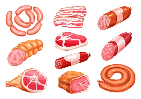 肉产品水彩绘图设置与香肠 — 图库矢量图片