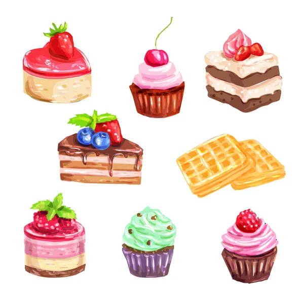 Taart en gebak set aquarel dessert — Stockvector