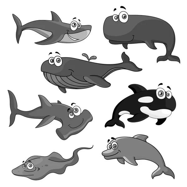 Iconos vectoriales de los animales de dibujos animados de peces del océano — Vector de stock