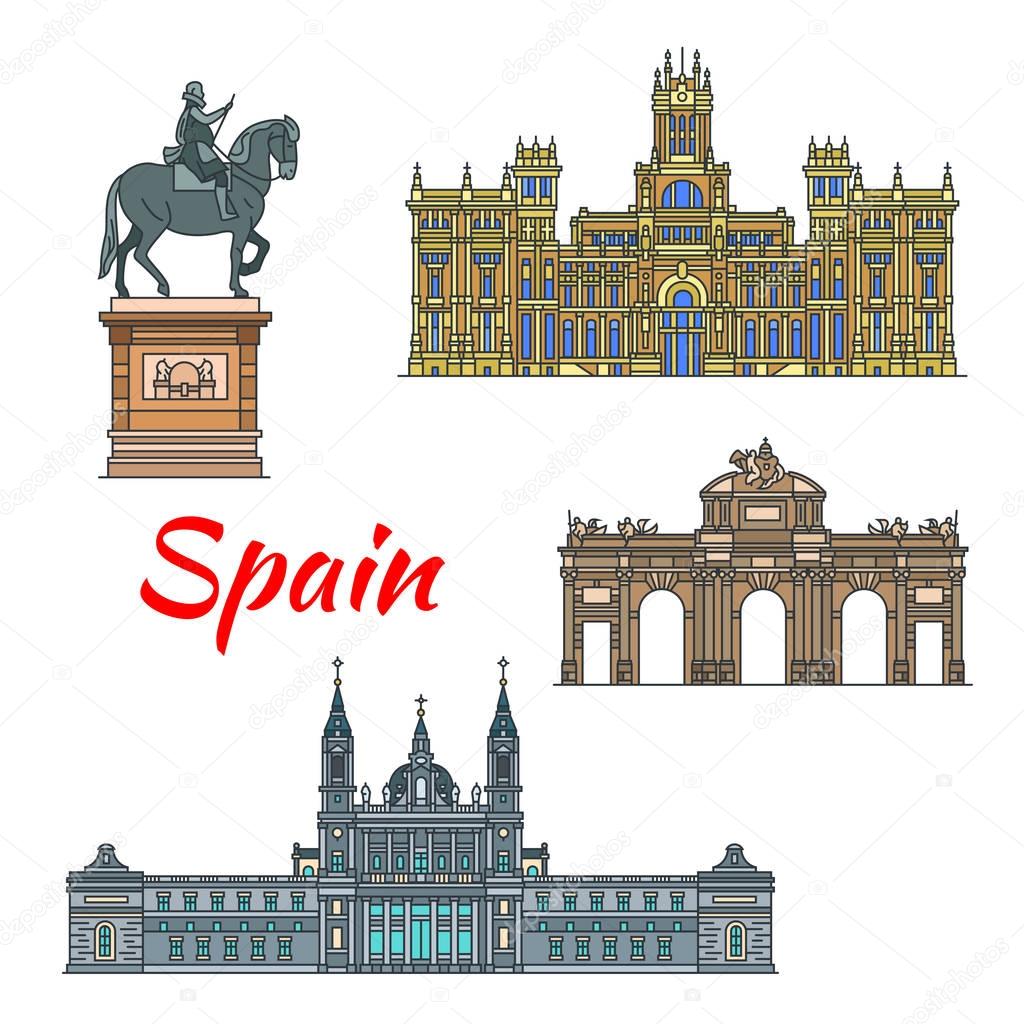 Spanish travel landmark of Madrid linear icon set