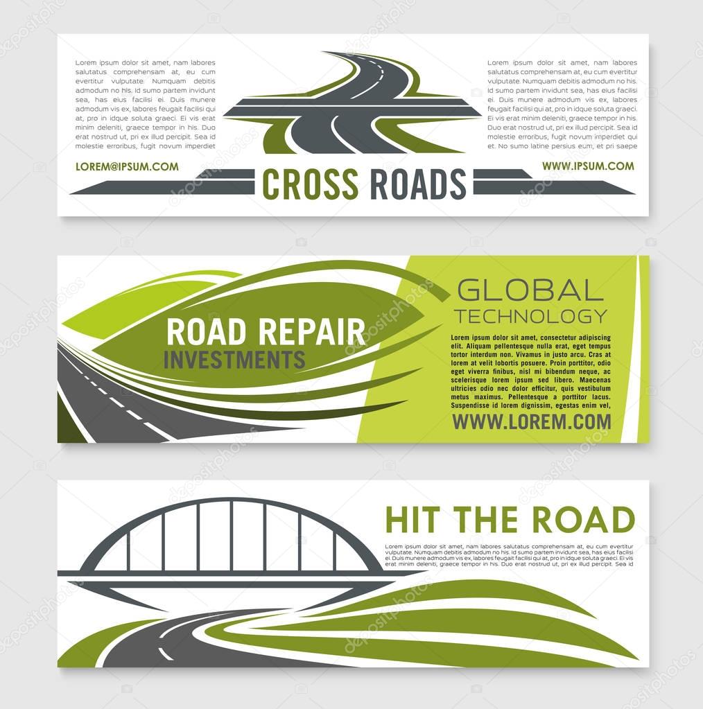 Road, highway, crossroad and bridge banner set