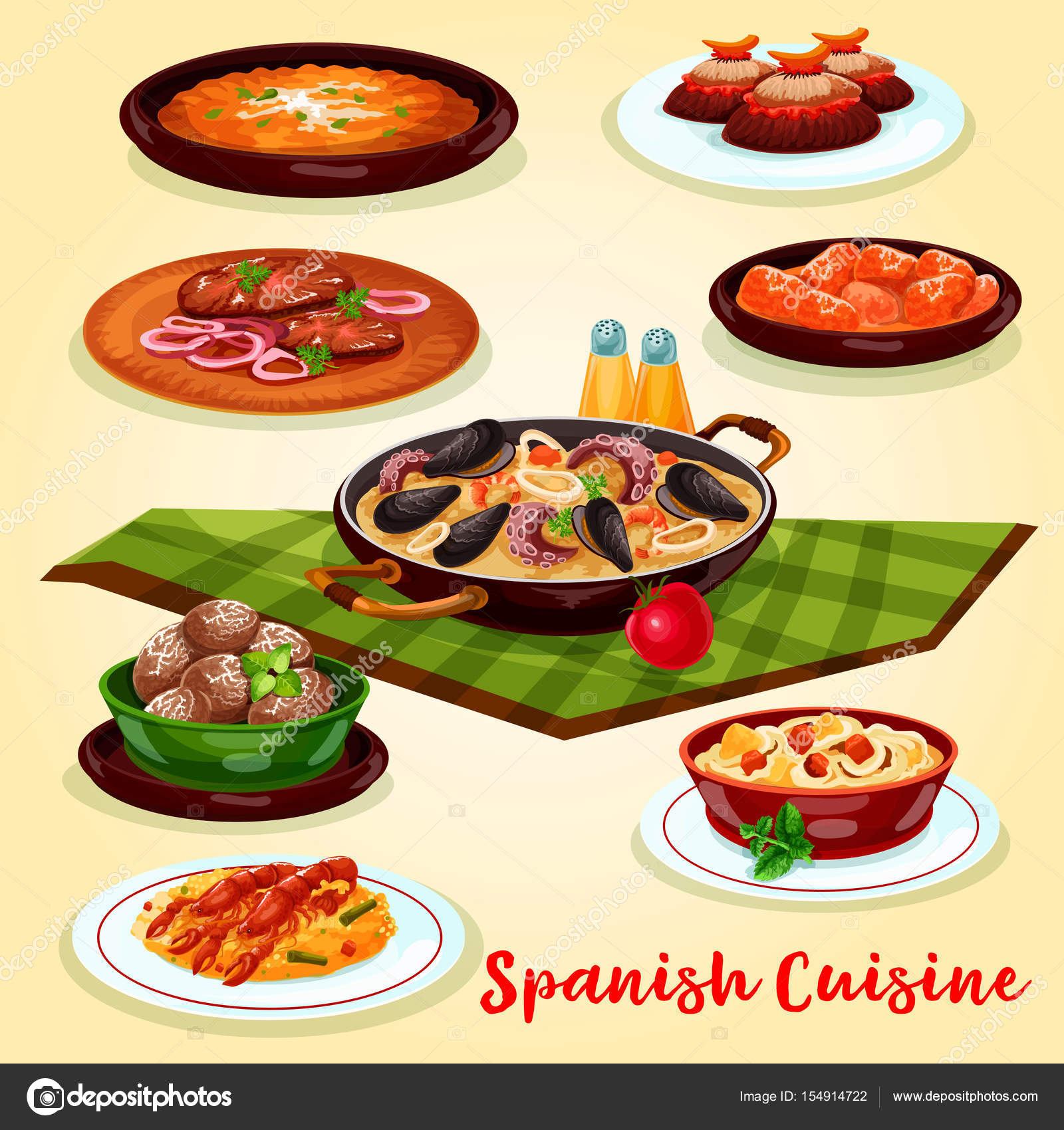 Spansk kjøkkenmeny, tegnefilmplakater stockvektor © VectorTradition  #154914722, image size:1600x1700