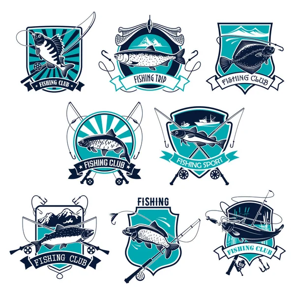 Pesca deporte conjunto de insignias de diseño con peces y caña — Vector de stock