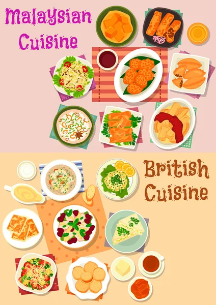 Ustaw ikonę menu lunchu dania kuchni malezyjskiej i brytyjski — Wektor stockowy