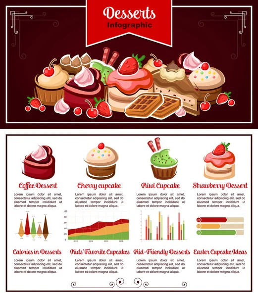 Kue, kue mangkuk, makanan penutup infografis untuk desain makanan - Stok Vektor