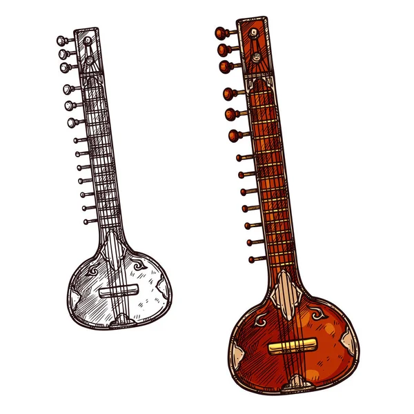 Instrumento musical indiano Sitar esboço isolado — Vetor de Stock