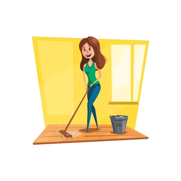 Mujer lavando piso con icono de dibujos animados fregona — Archivo Imágenes Vectoriales