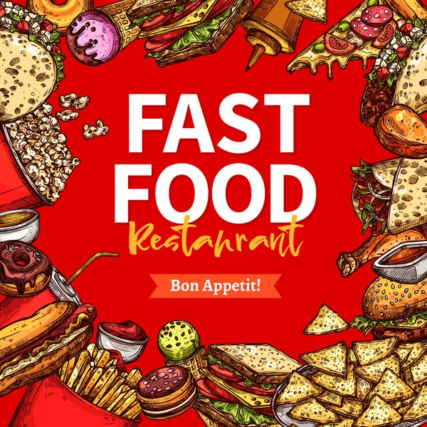 Fast food restaurant sketch poster for menu design — Stock Vector
