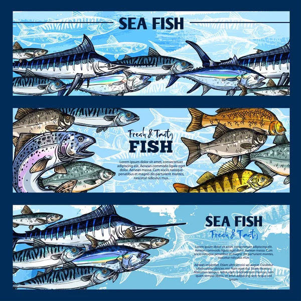Εστιατόριο θαλασσινών φρέσκα ψάρια σκίτσο banner σετ — Διανυσματικό Αρχείο