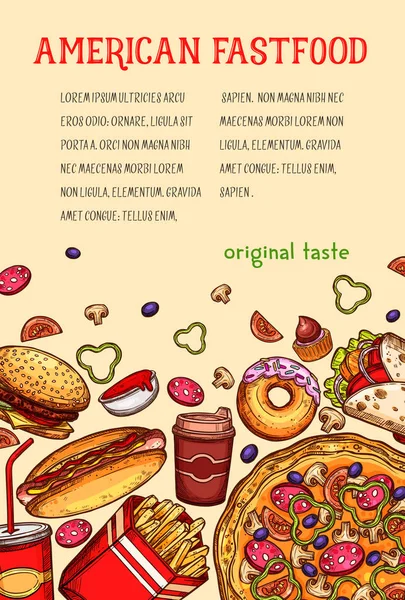 Amerykański fast food posiłek i napój szkicu plakat — Wektor stockowy