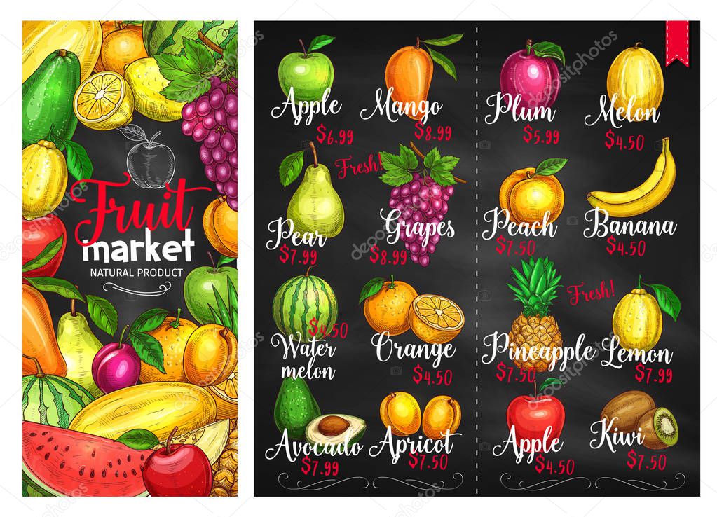 Fruit chalk sketches blackboard poster template