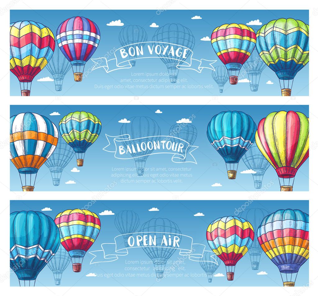 Hot air balloon in sky sketch banner set