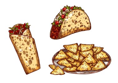 Vektör kroki simgeler lokanta aperatifler tacos börek