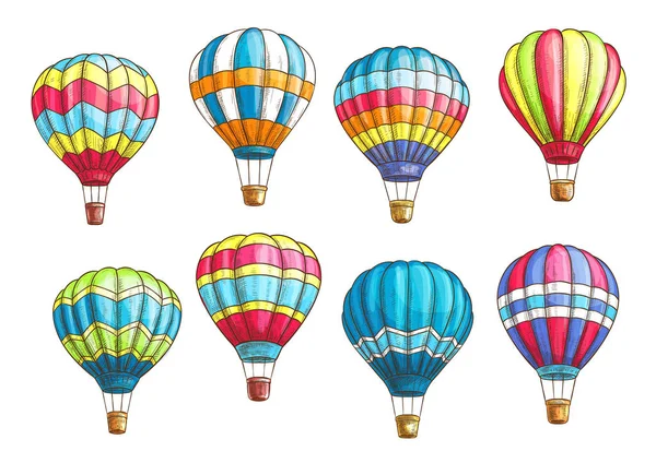 Vector bosquejo iconos establecer patrón de globos de aire caliente — Archivo Imágenes Vectoriales