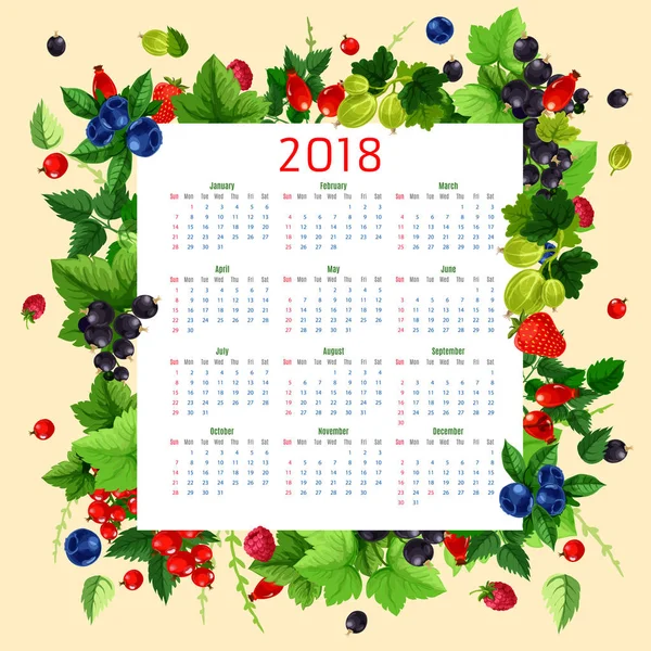 Calendário vetorial 2018 de frutas e bagas frescas — Vetor de Stock