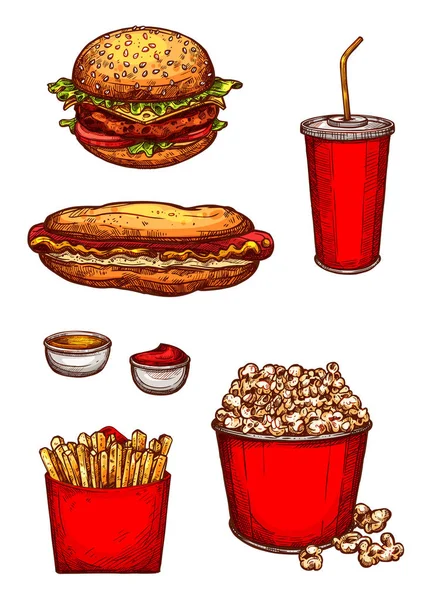 Vector bosquejo iconos comida rápida snacks o hamburguesas — Vector de stock